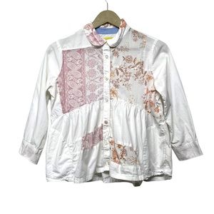 Anthropologie Maeve White Pink Boho Patchwork Button Up Shirt Size XS Petite